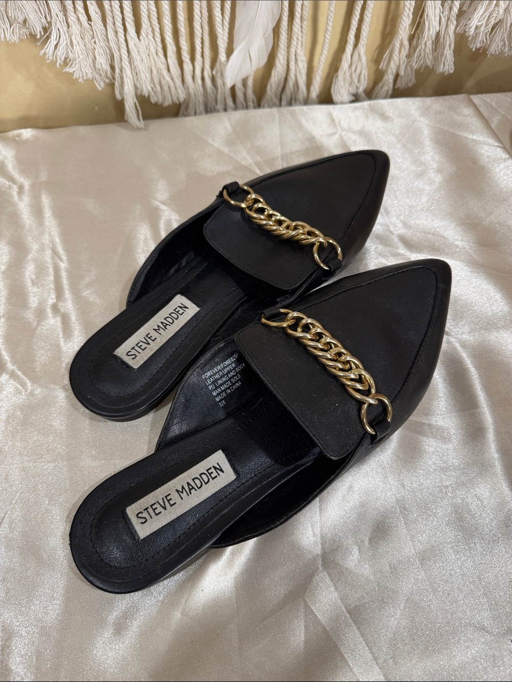 Steve Madden Black Pointed Mule with Gold Chain Detail